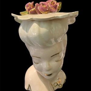 Vintage Glamour Girl Lady Head Ceramic Vase Gold Time Blue Ribbon Floral 7"